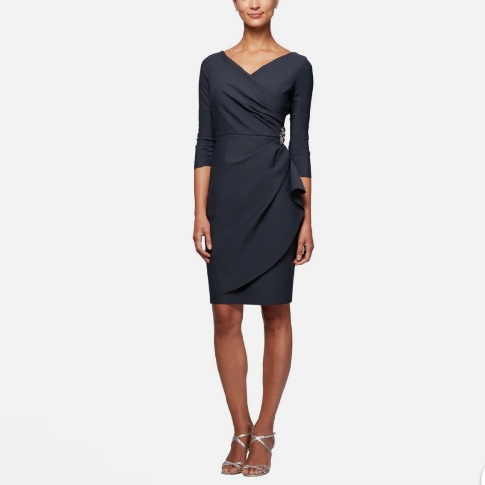 Alex Evenings Navy Wrap-Front Cocktail Dress